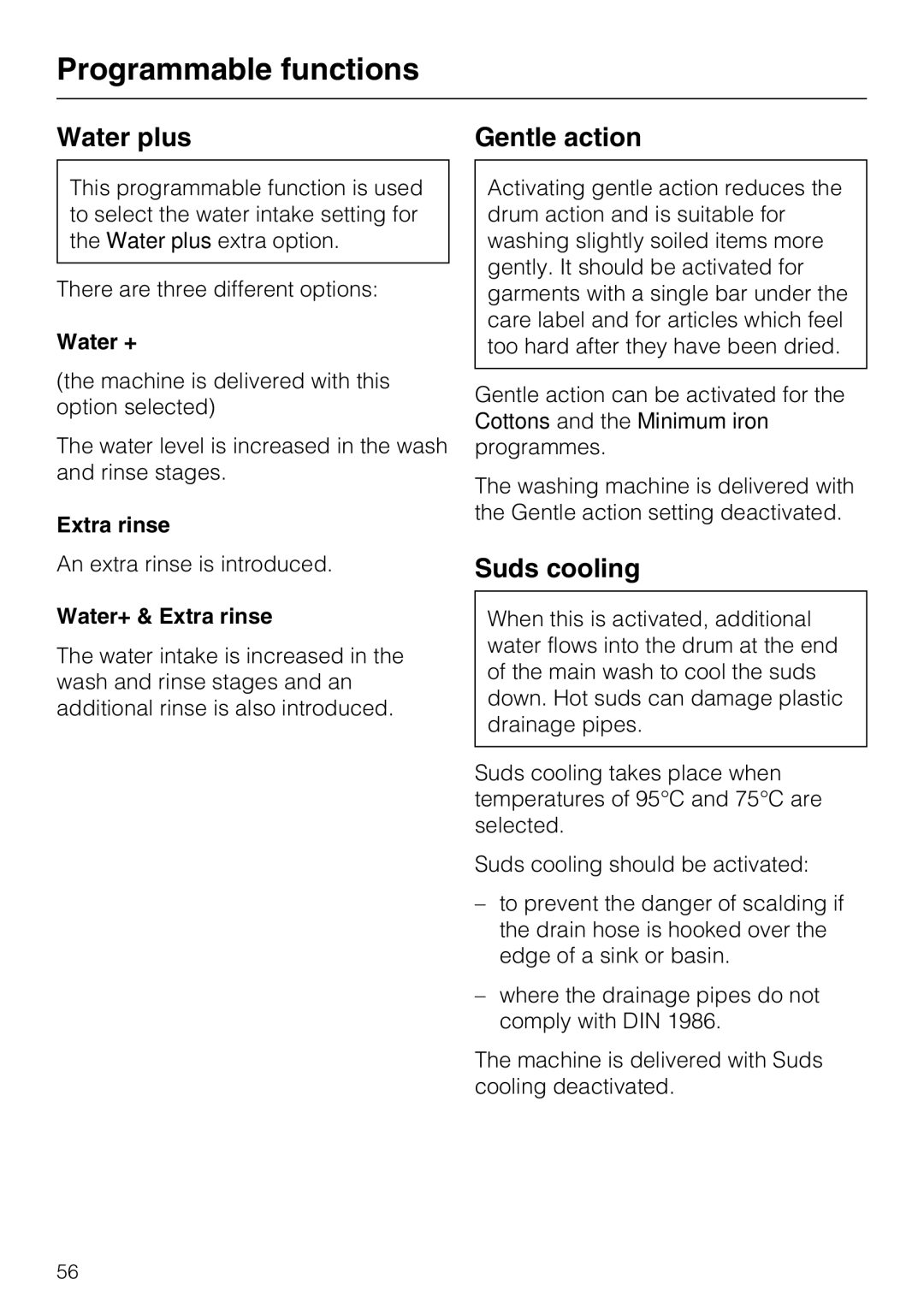 Miele W 1512 operating instructions Water plus, Gentle action, Suds cooling 