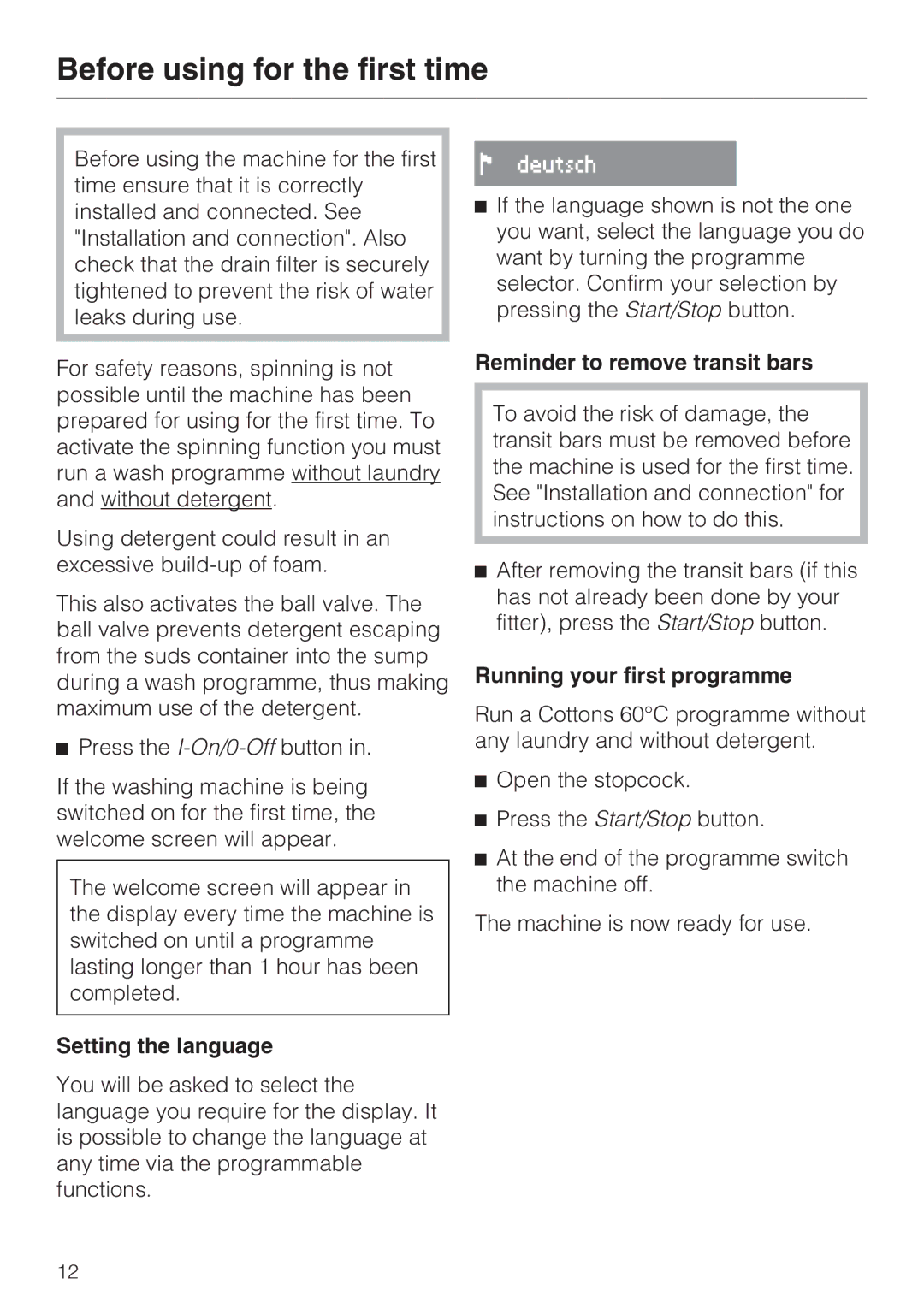 Miele W 1513 operating instructions Before using for the first time, Setting the language, Reminder to remove transit bars 