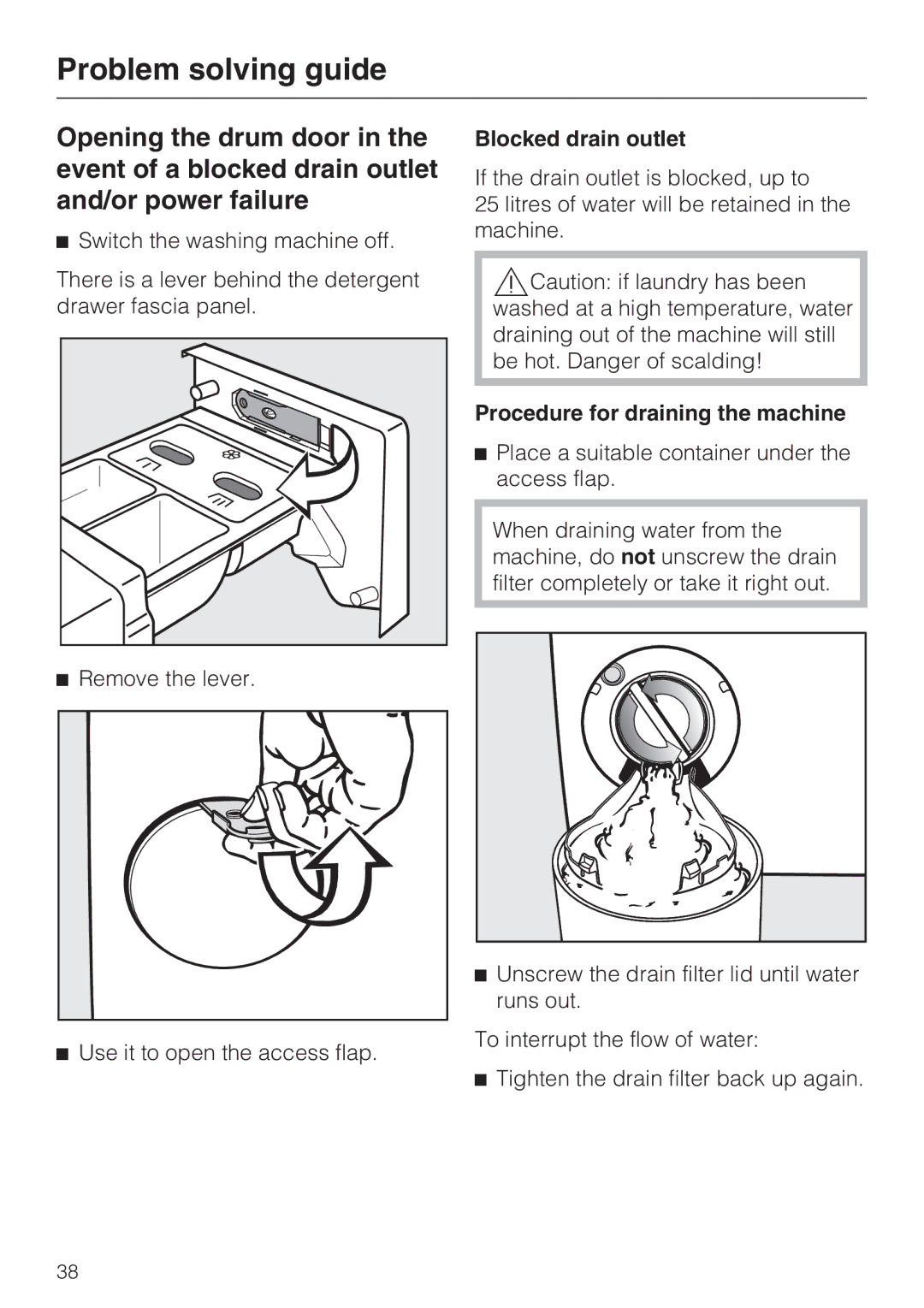 Miele W 1513 operating instructions Remove the lever, Blocked drain outlet, Procedure for draining the machine 