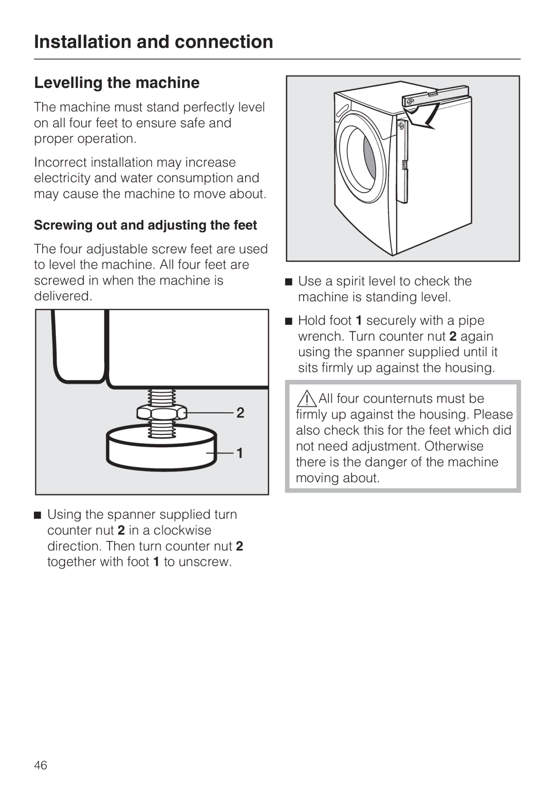 Miele W 1513 operating instructions Levelling the machine, Screwing out and adjusting the feet 