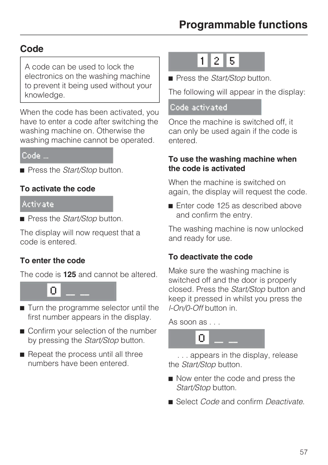 Miele W 1513 Code, To activate the code, To enter the code, To use the washing machine when the code is activated 