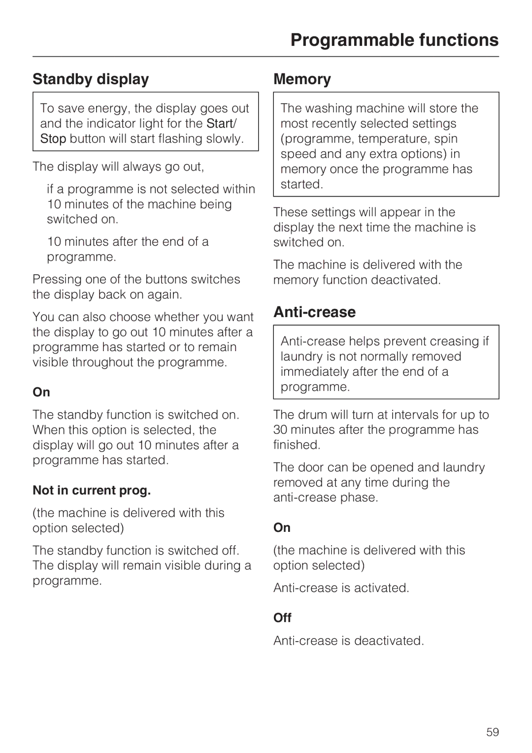 Miele W 1514 operating instructions Standby display Memory, Anti-crease, Not in current prog, Off 