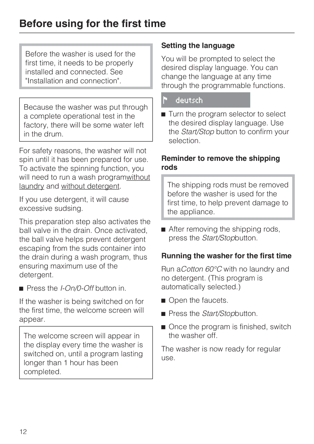 Miele W 1612 Before using for the first time, Setting the language, Reminder to remove the shipping rods 
