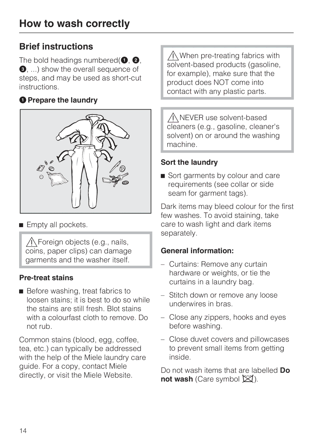 Miele W 1612 operating instructions How to wash correctly, Brief instructions 