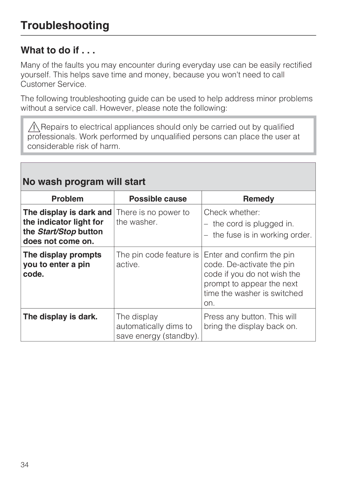 Miele W 1612 operating instructions Troubleshooting, What to do if, No wash program will start 