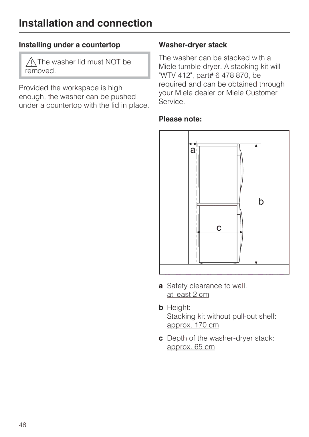 Miele W 1612 operating instructions Installing under a countertop, Washer-dryer stack, Please note 