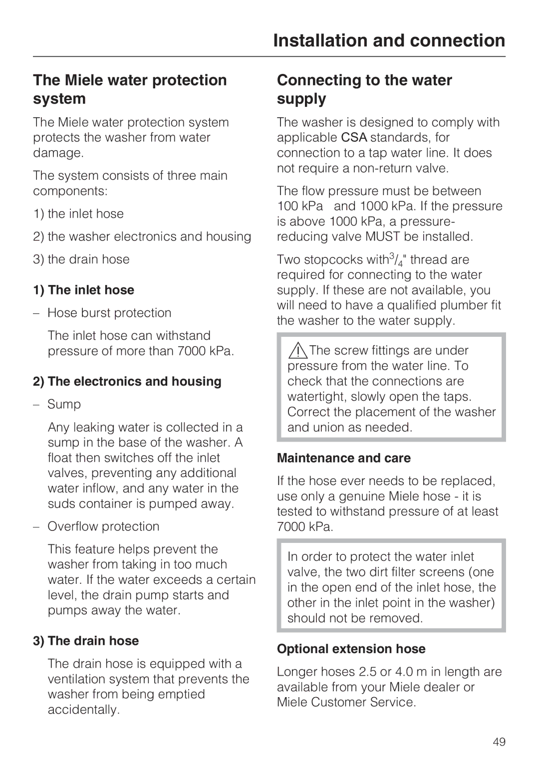 Miele W 1612 operating instructions Miele water protection system, Connecting to the water supply 