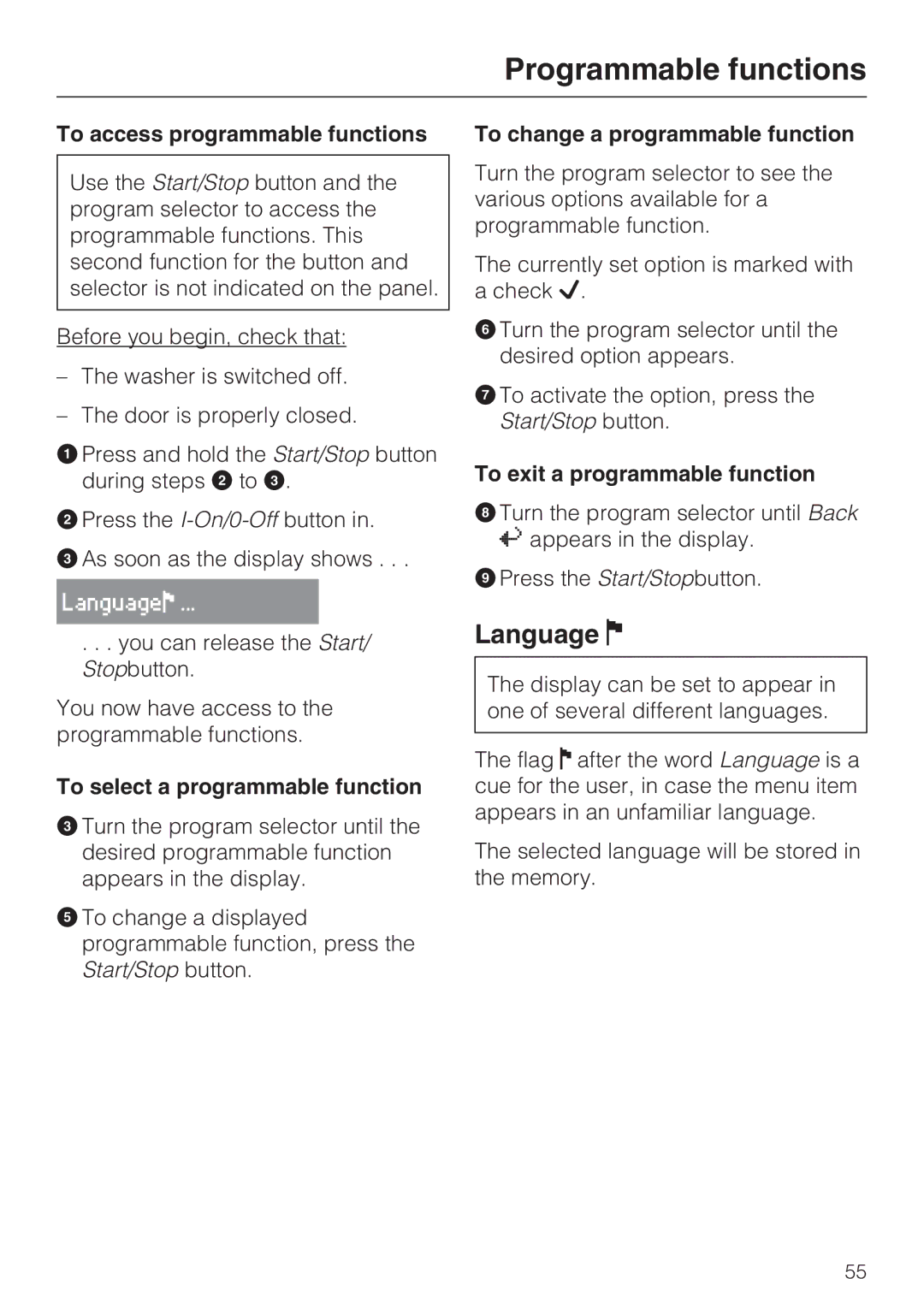 Miele W 1612 operating instructions Programmable functions, Language 