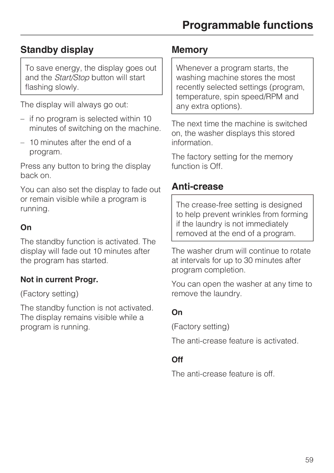 Miele W 1612 operating instructions Standby display, Memory, Anti-crease, Not in current Progr, Off 