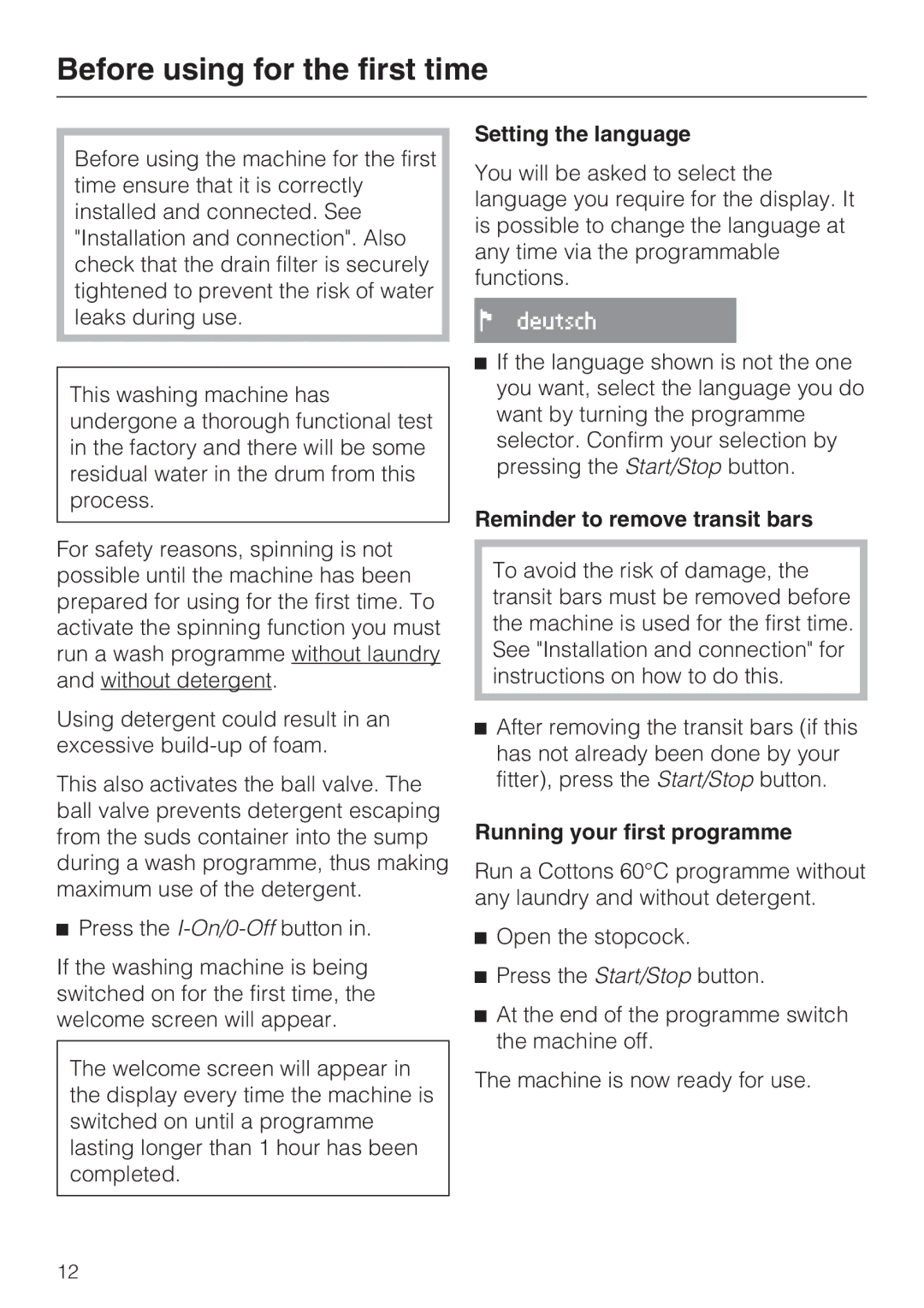Miele W 1613 operating instructions Before using for the first time, Setting the language, Reminder to remove transit bars 