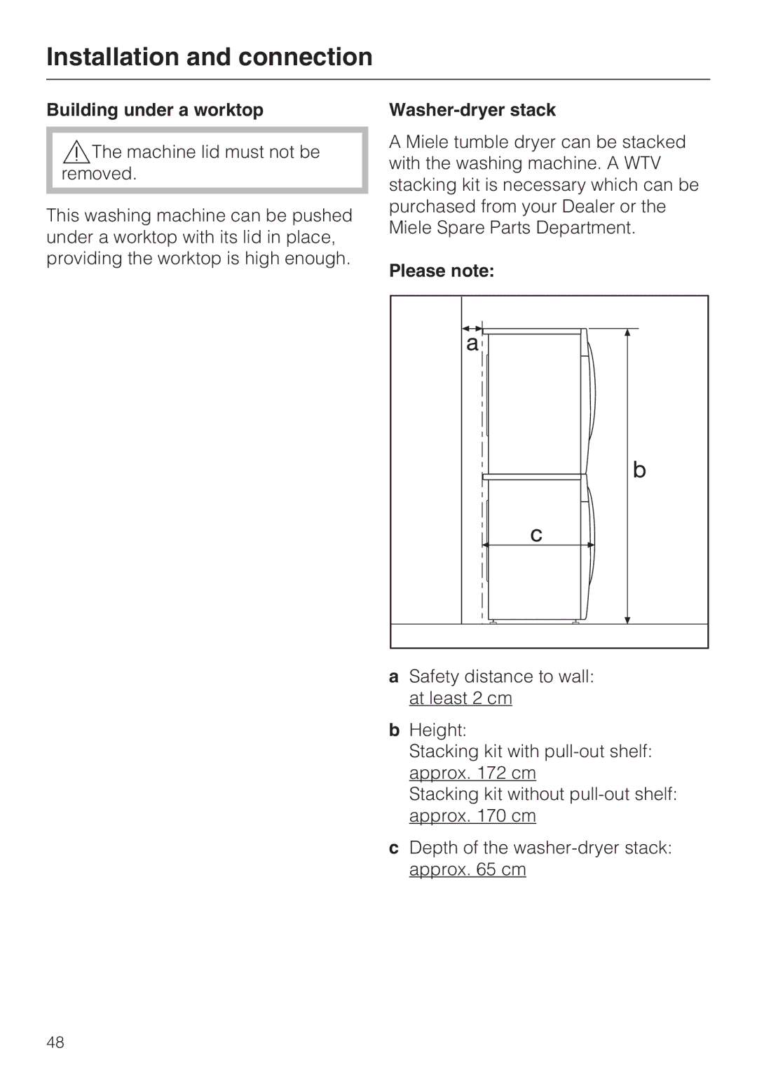 Miele W 1613 operating instructions Building under a worktop, Washer-dryer stack, Please note 