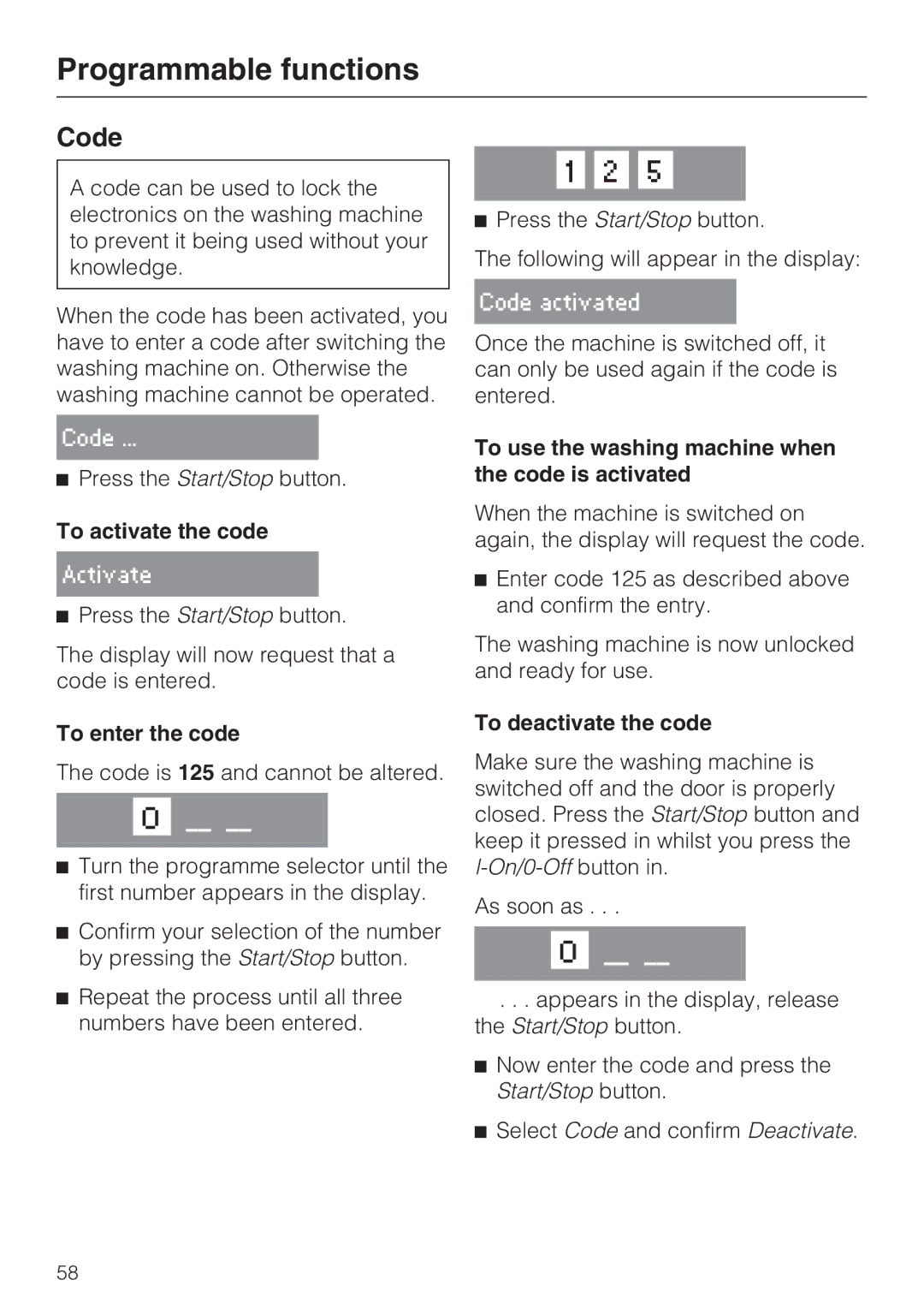 Miele W 1613 Code, To activate the code, To enter the code, To use the washing machine when the code is activated 