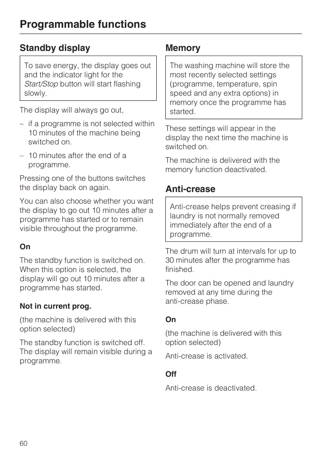 Miele W 1613 operating instructions Standby display, Memory, Anti-crease, Not in current prog, Off 