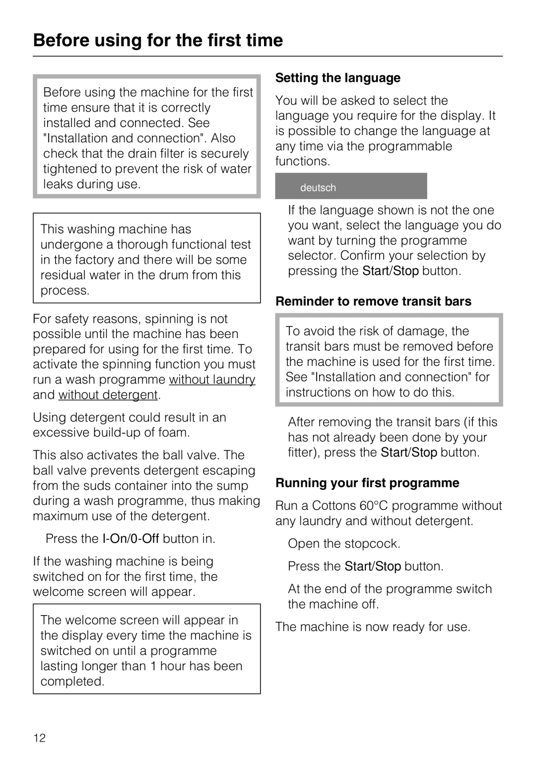 Miele W 1716 operating instructions Before using for the first time, Setting the language, Reminder to remove transit bars 