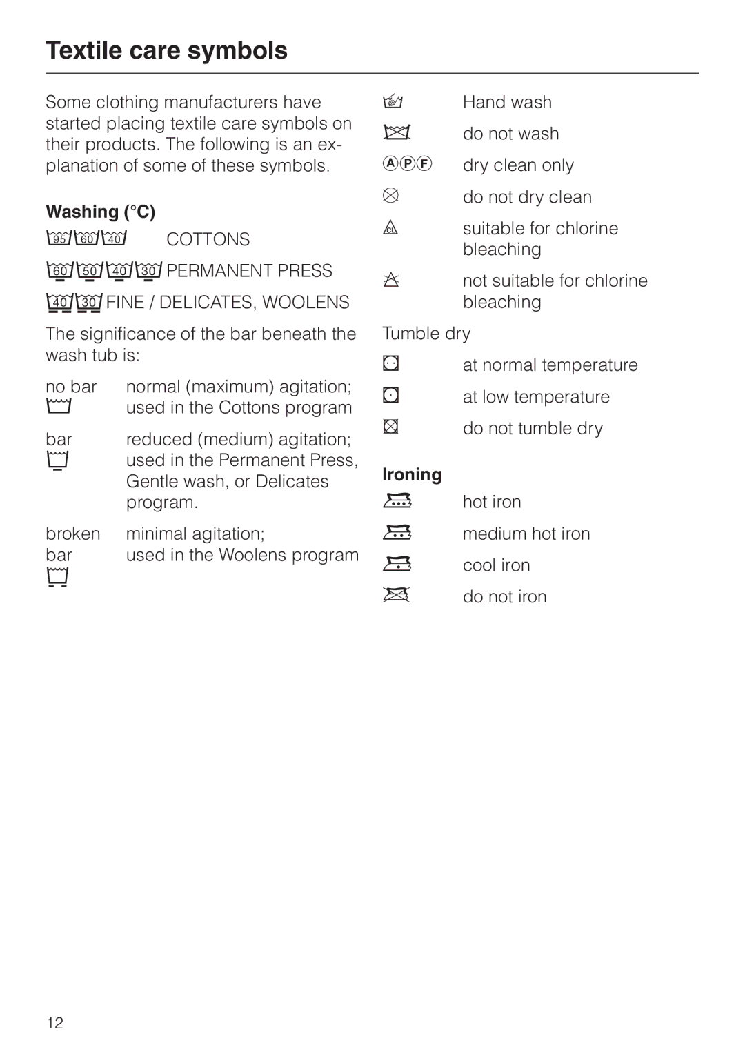 Miele W 1903 operating instructions Textile care symbols, Washing C, Ironing 