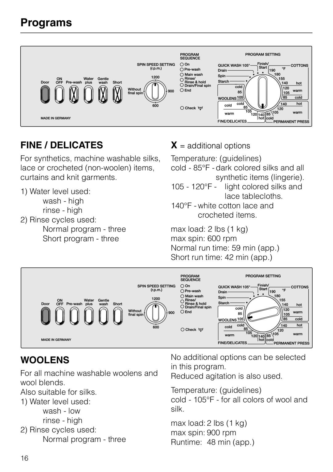 Miele W 1903 operating instructions Fine / Delicates 