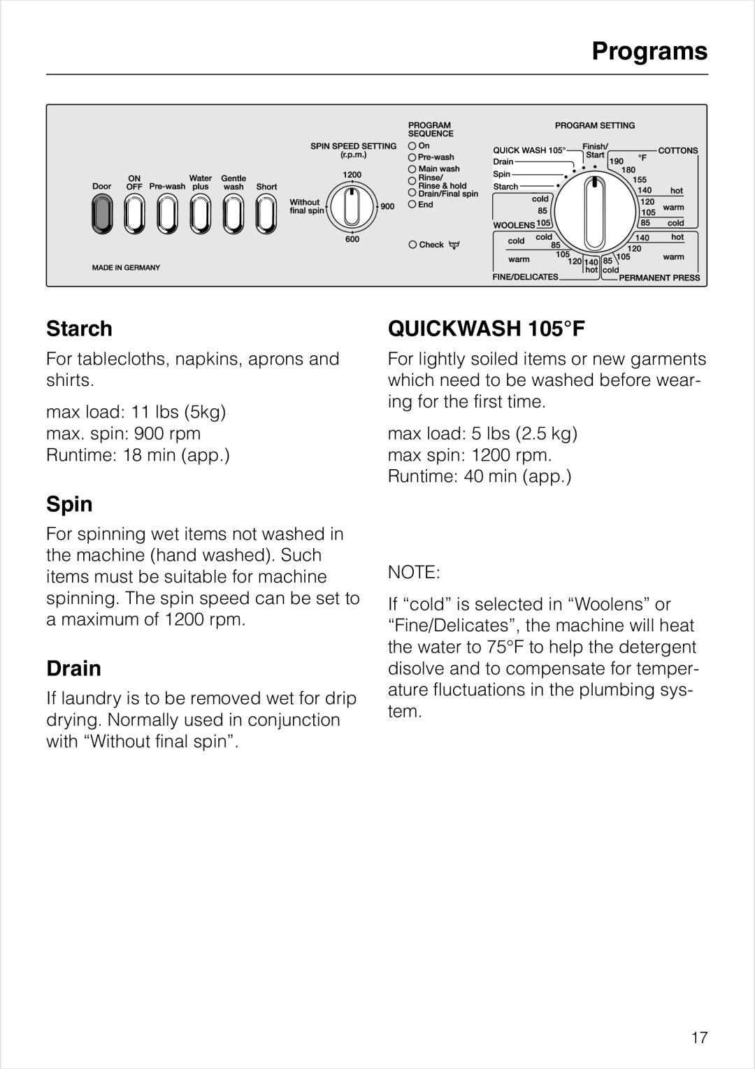 Miele W 1903 operating instructions Spin, Drain 