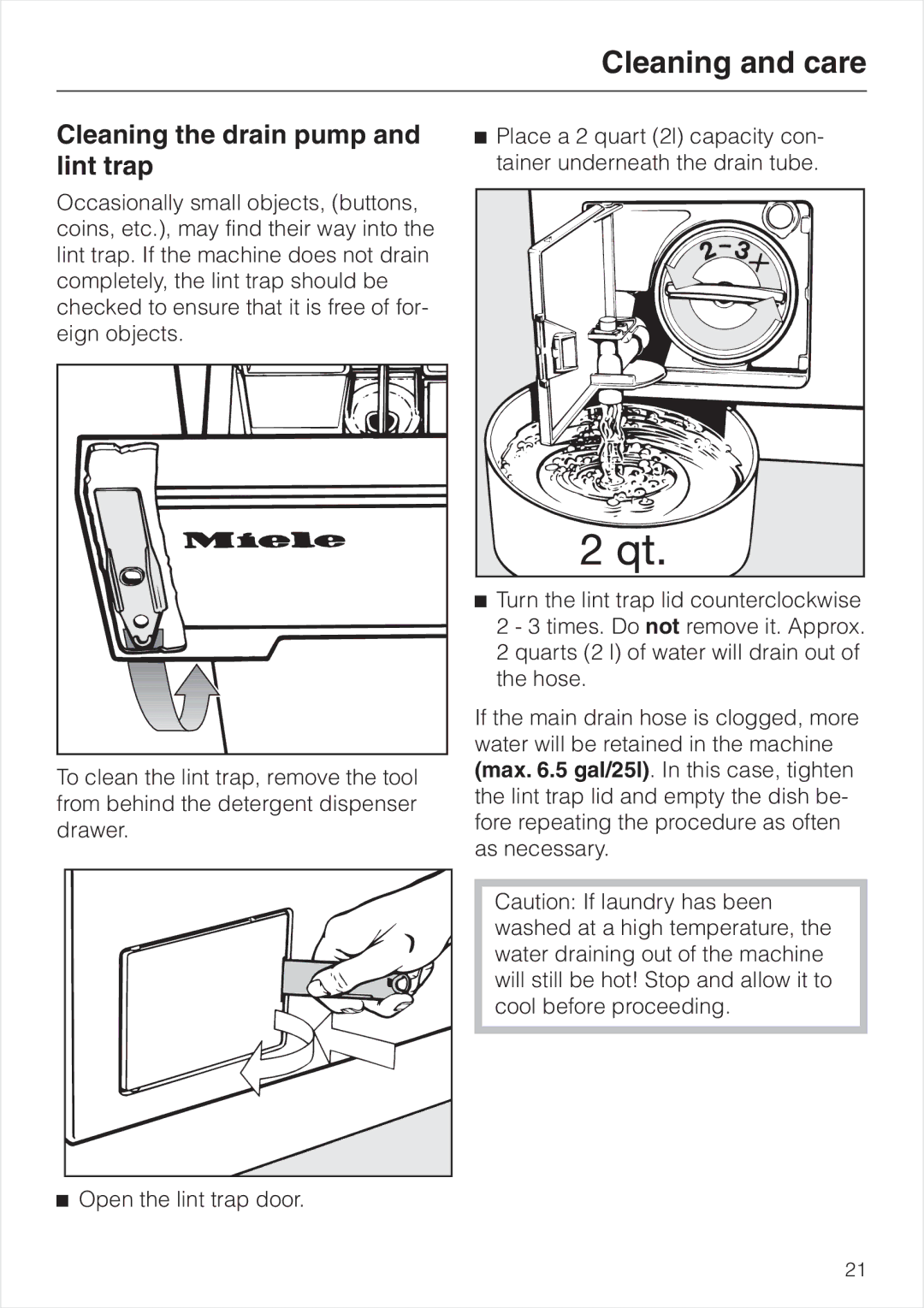 Miele W 1903 operating instructions Cleaning the drain pump and lint trap 