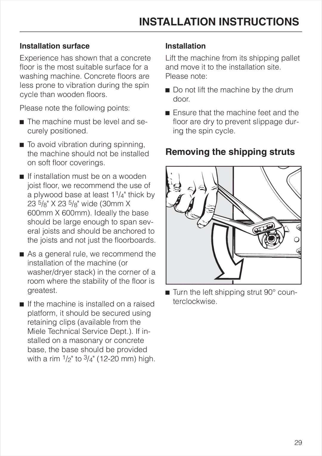 Miele W 1903 operating instructions Removing the shipping struts, Installation surface 