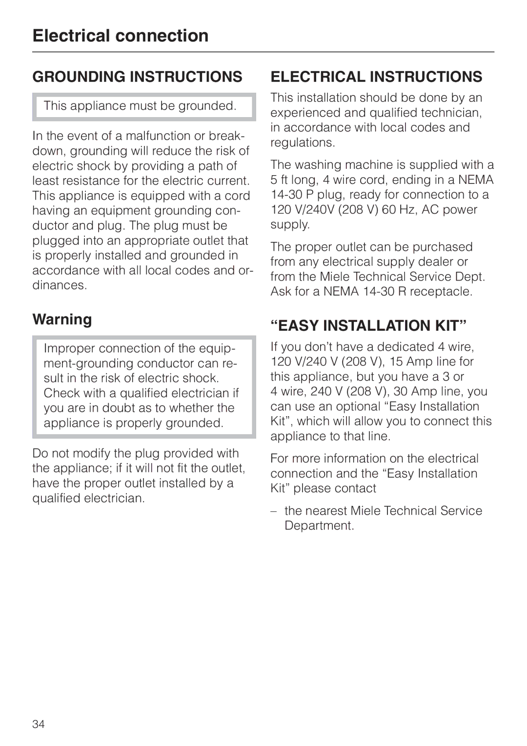 Miele W 1903 operating instructions Electrical connection, Grounding Instructions 