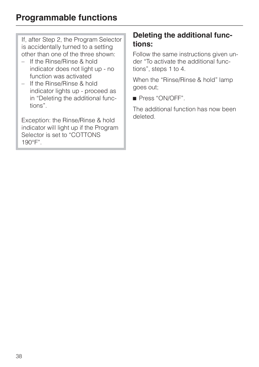 Miele W 1903 operating instructions Deleting the additional func- tions 