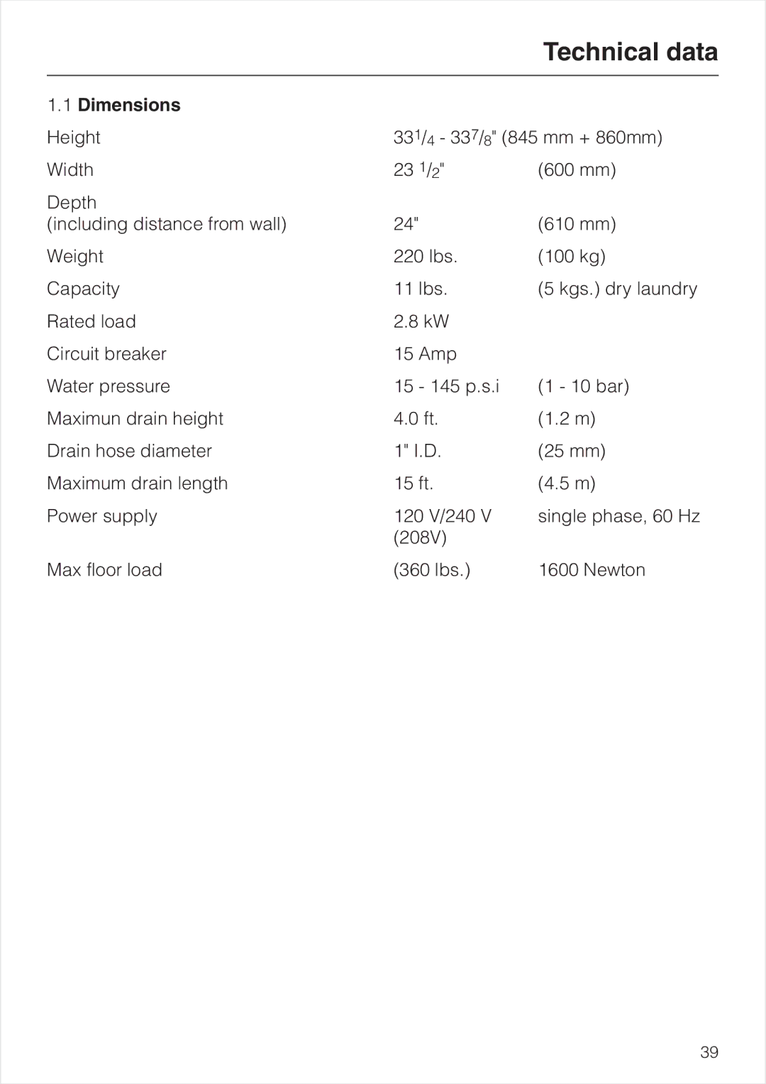 Miele W 1903 operating instructions Technical data, Dimensions 