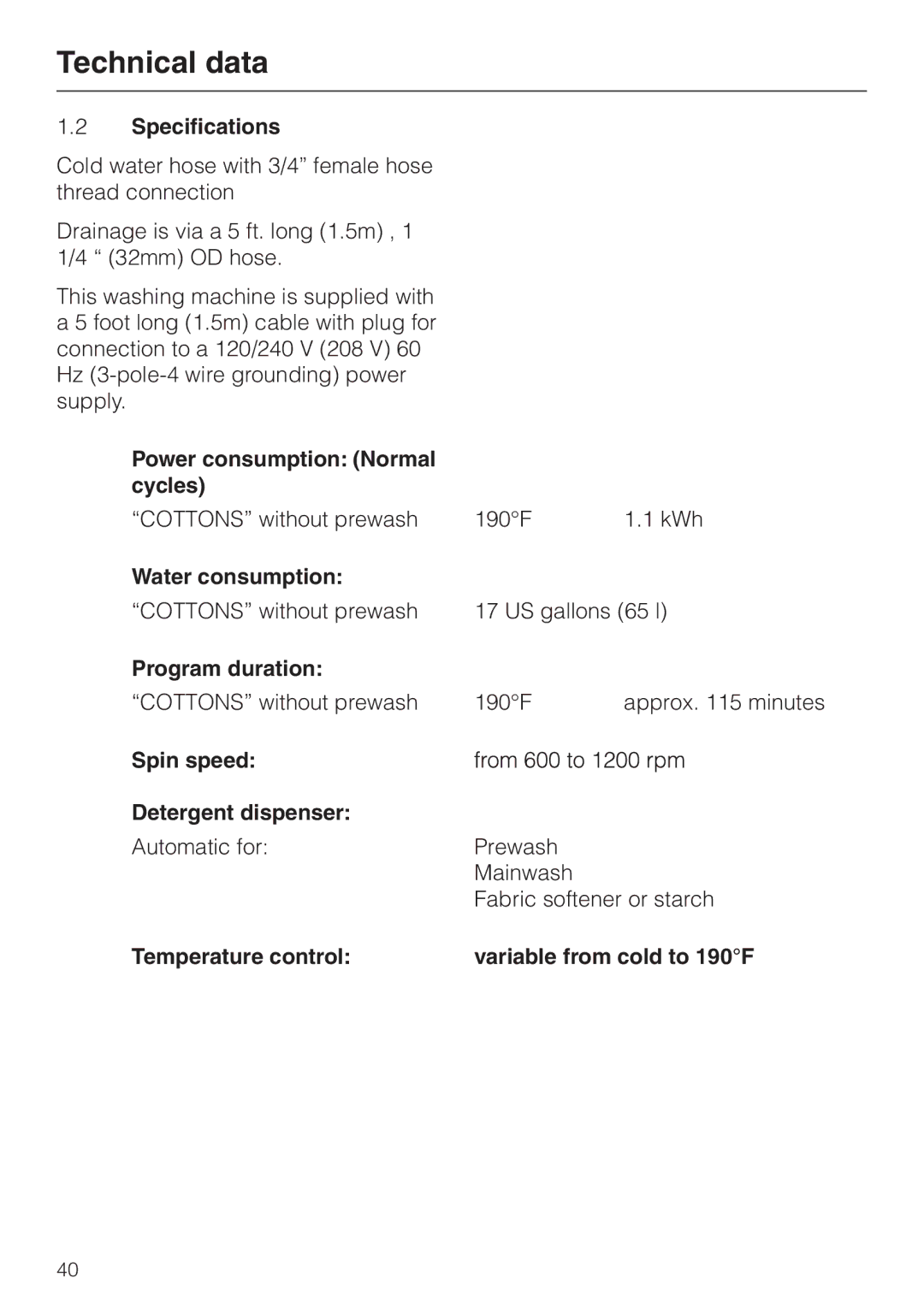 Miele W 1903 operating instructions Technical data 