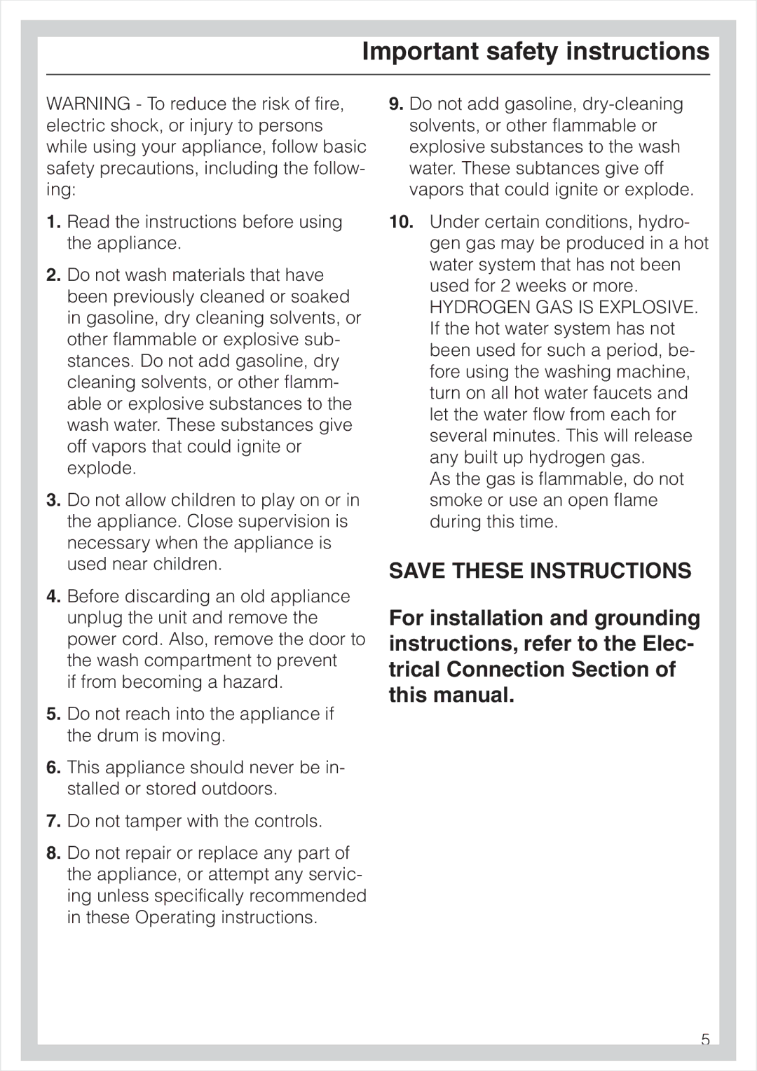 Miele W 1903 operating instructions Important safety instructions 