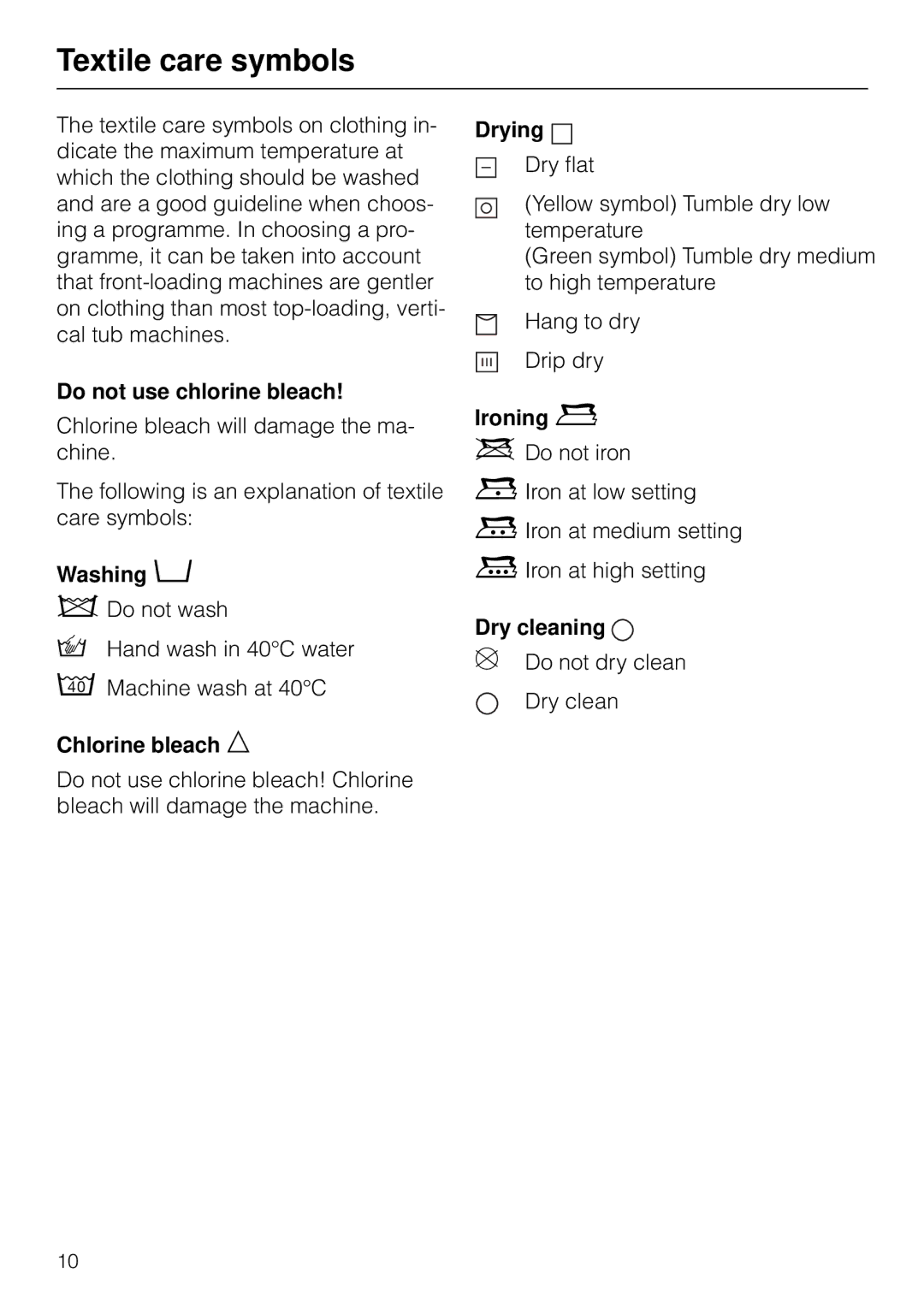 Miele W 1903 instruction manual Textile care symbols 