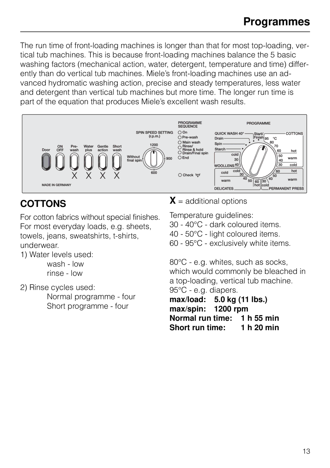 Miele W 1903 instruction manual Programmes, Cottons 