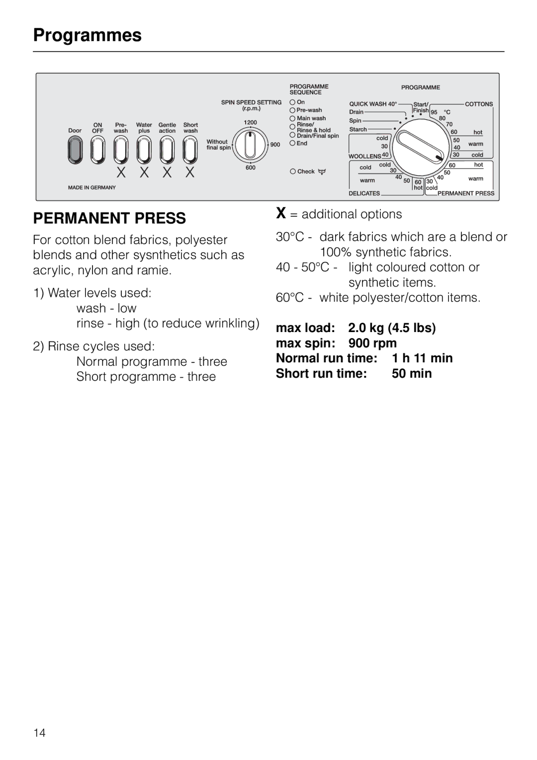 Miele W 1903 Permanent Press, Max load Kg 4.5 lbs Max spin 900 rpm Normal run time, Short run time 50 min 