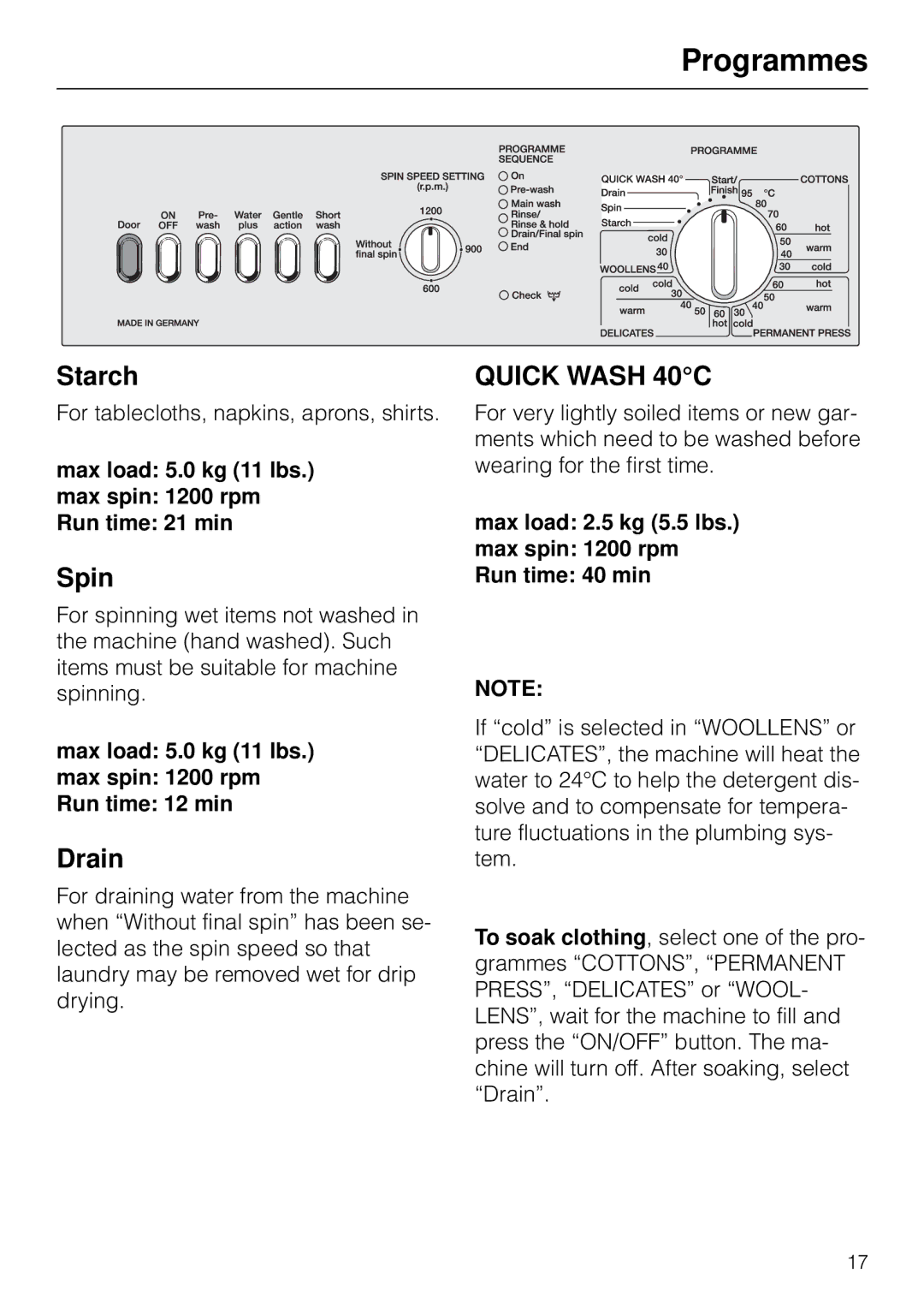 Miele W 1903 instruction manual Spin, Drain, Quick Wash 40C 