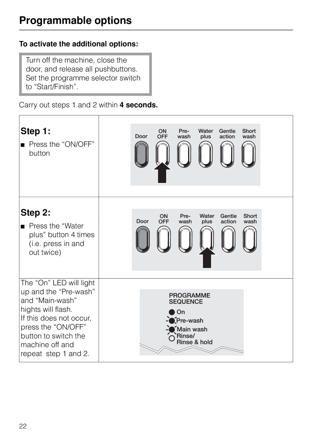 Miele W 1903 instruction manual Step, To activate the additional options 