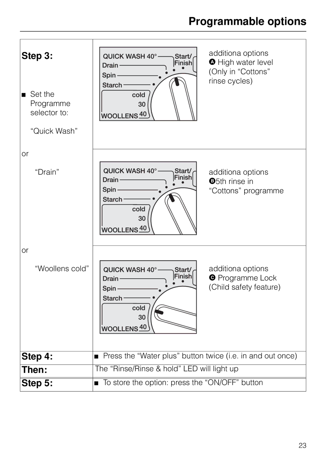 Miele W 1903 instruction manual Programmable options, Then 