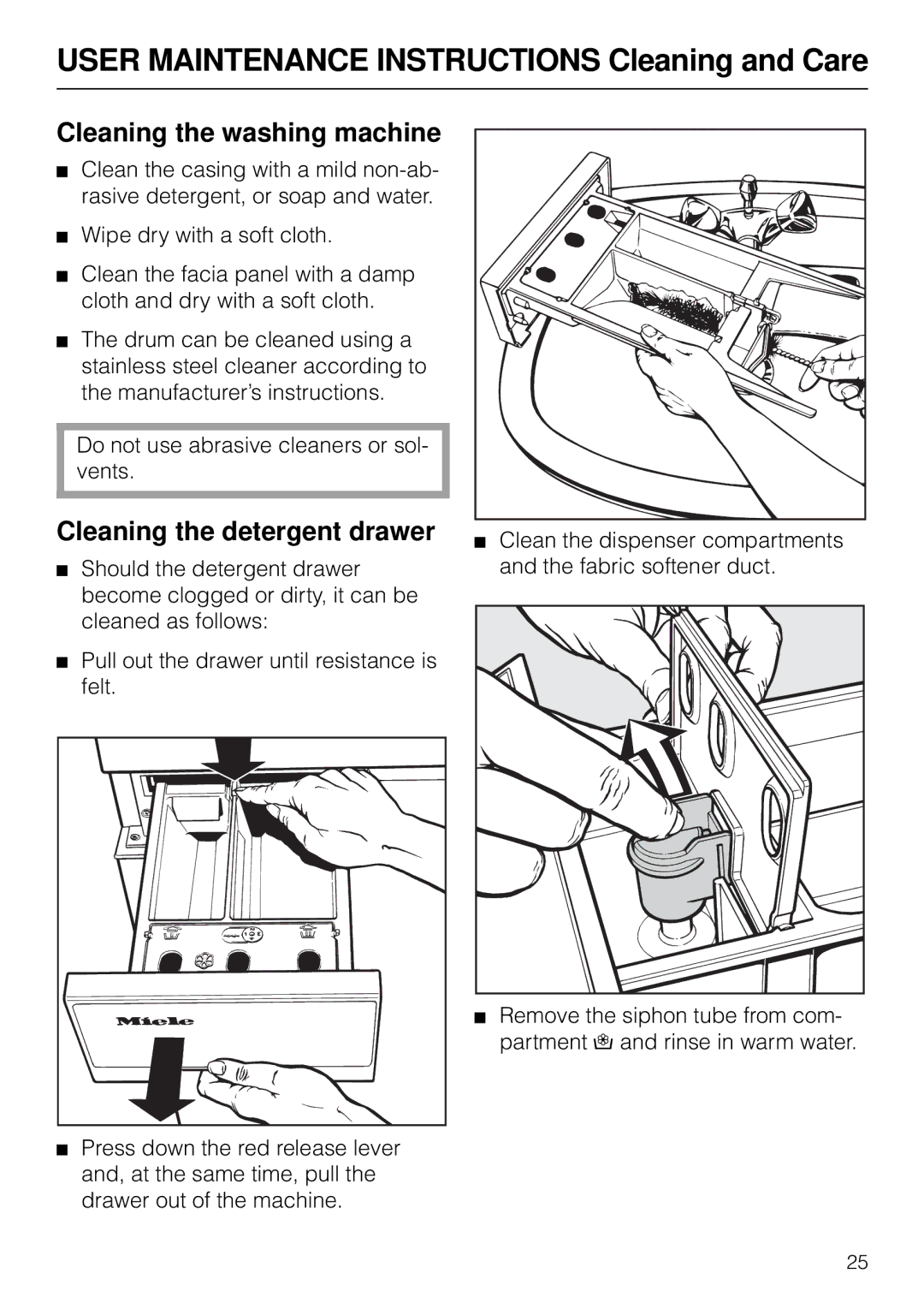 Miele W 1903 User Maintenance Instructions Cleaning and Care, Cleaning the washing machine, Cleaning the detergent drawer 