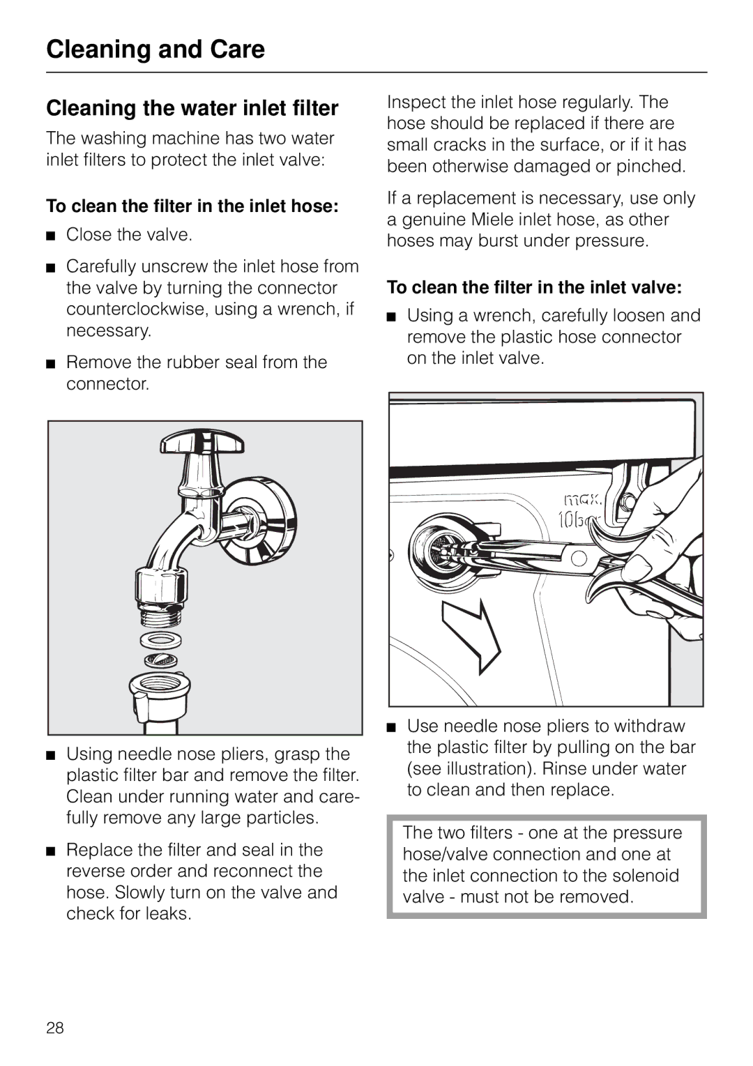 Miele W 1903 instruction manual Cleaning the water inlet filter, To clean the filter in the inlet hose 