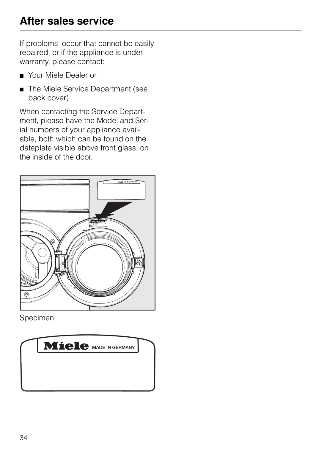 Miele W 1903 instruction manual After sales service 