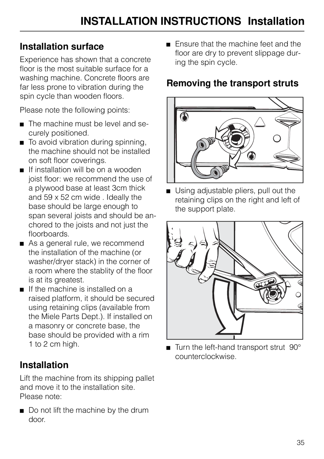 Miele W 1903 instruction manual Installation Instructions Installation, Installation surface, Removing the transport struts 