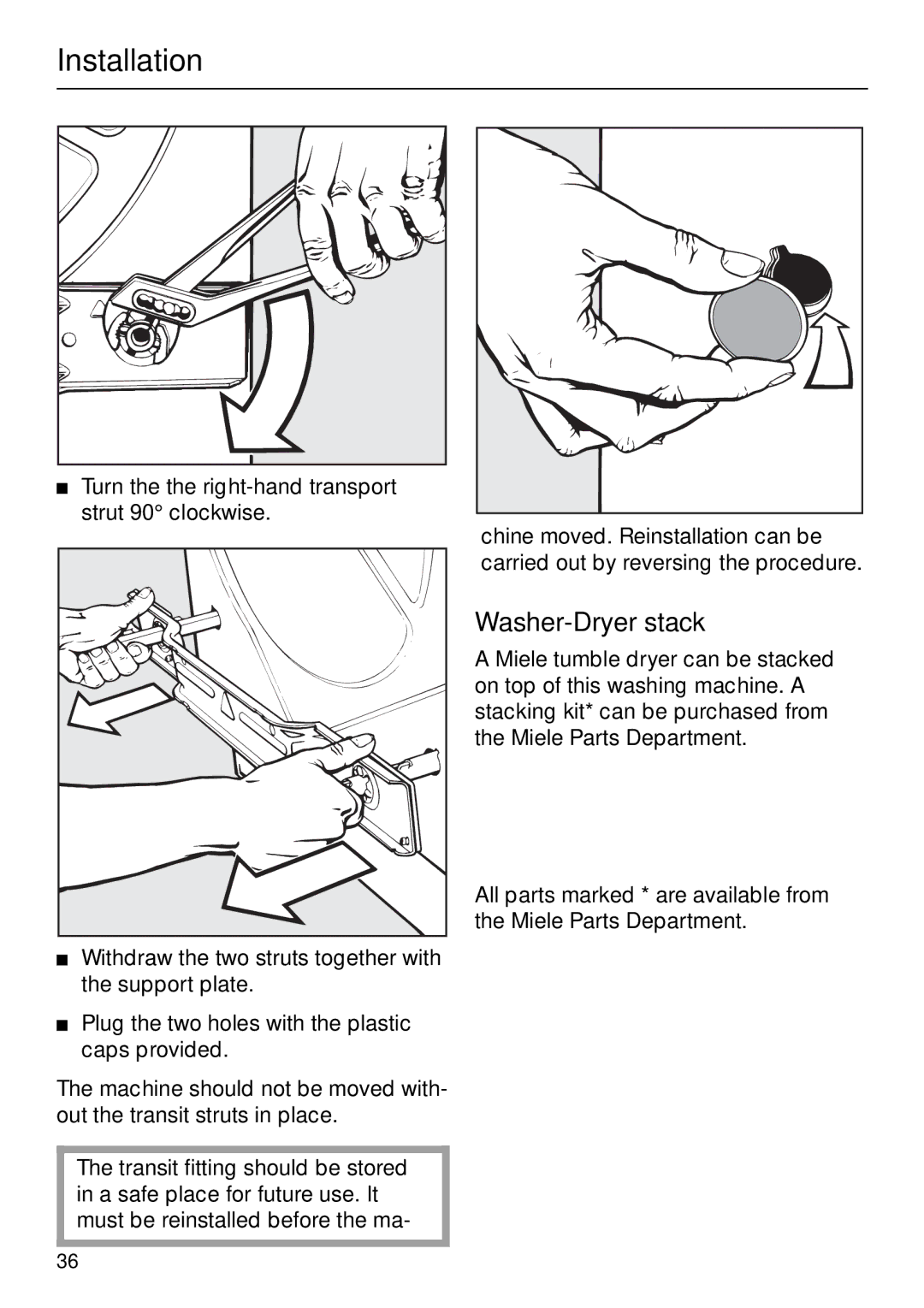 Miele W 1903 instruction manual Installation, Washer-Dryer stack 