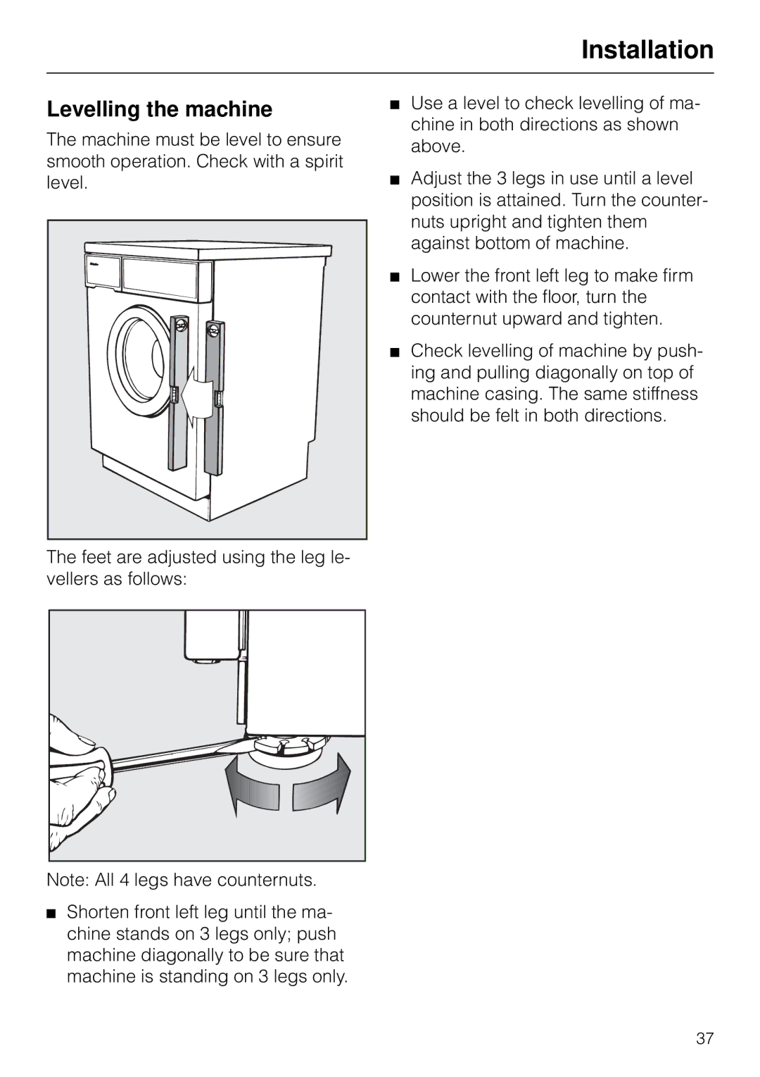 Miele W 1903 instruction manual Levelling the machine 