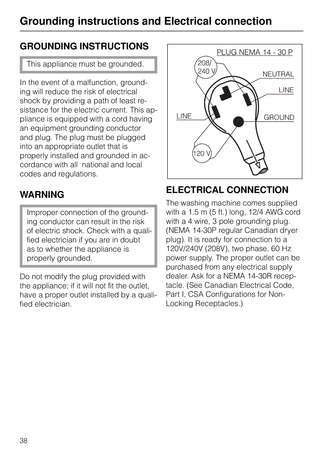 Miele W 1903 Grounding instructions and Electrical connection, Grounding Instructions, Electrical Connection 