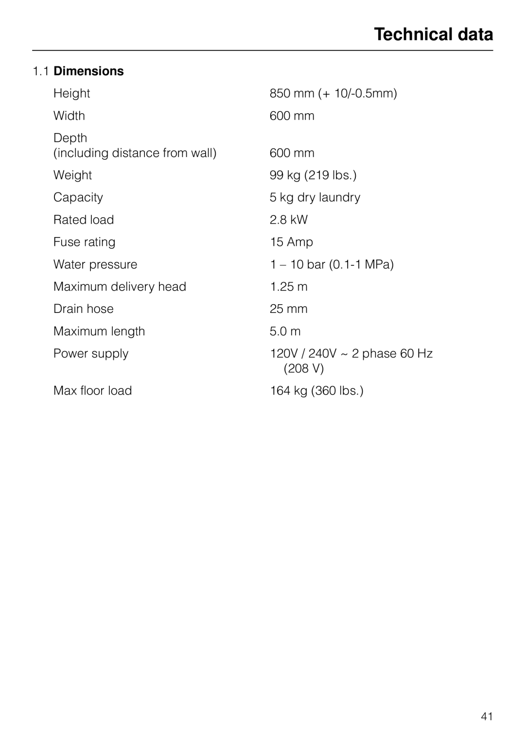 Miele W 1903 instruction manual Technical data, Dimensions 