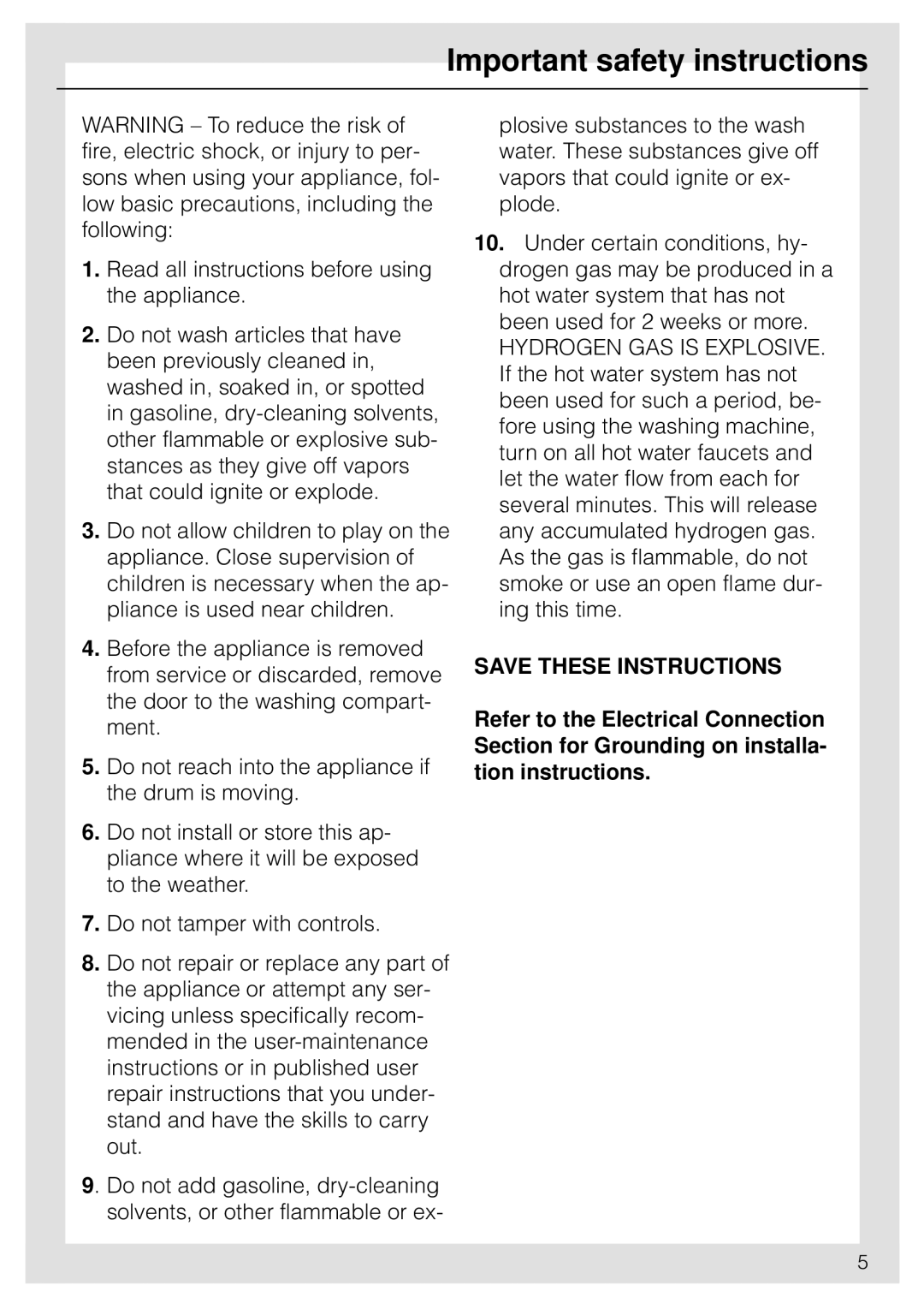 Miele W 1903 instruction manual Important safety instructions 