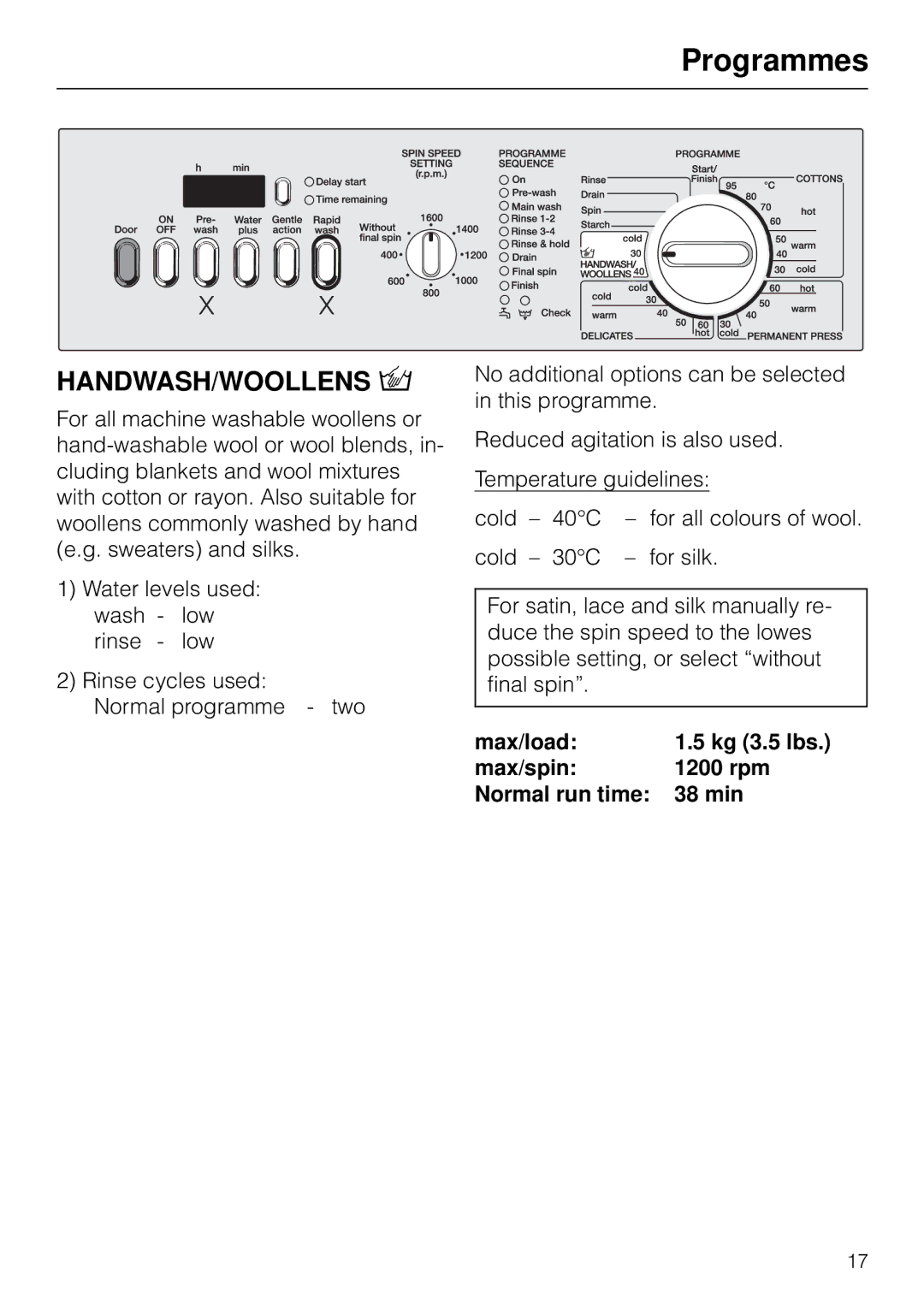 Miele W 1918 operating instructions Handwash/Woollens, Max/load Kg 3.5 lbs Max/spin 1200 rpm Normal run time 38 min 