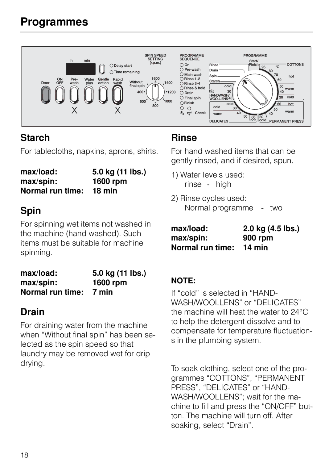Miele W 1918 operating instructions Spin, Drain, Rinse 
