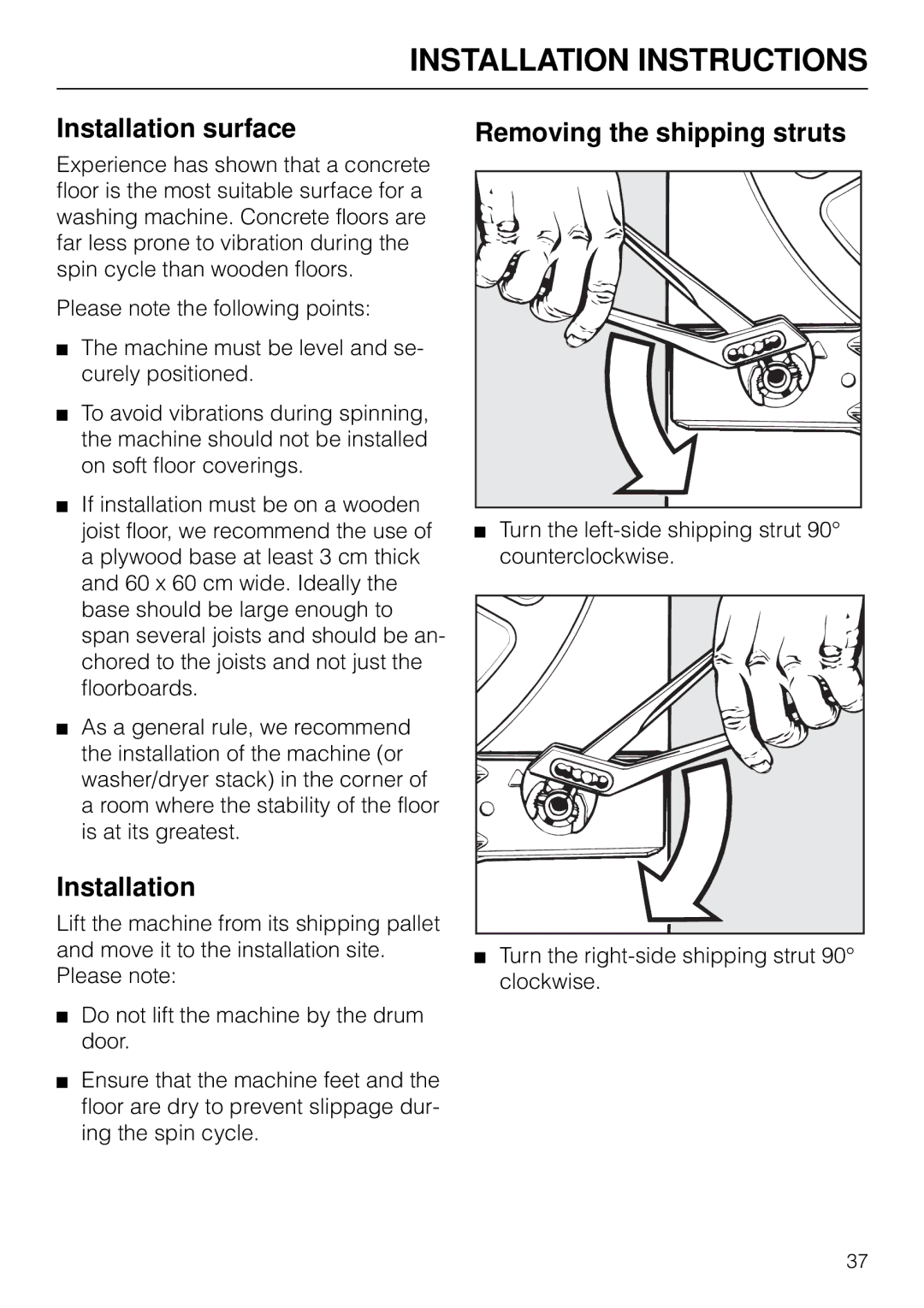 Miele W 1918 operating instructions Installation surface, Removing the shipping struts 