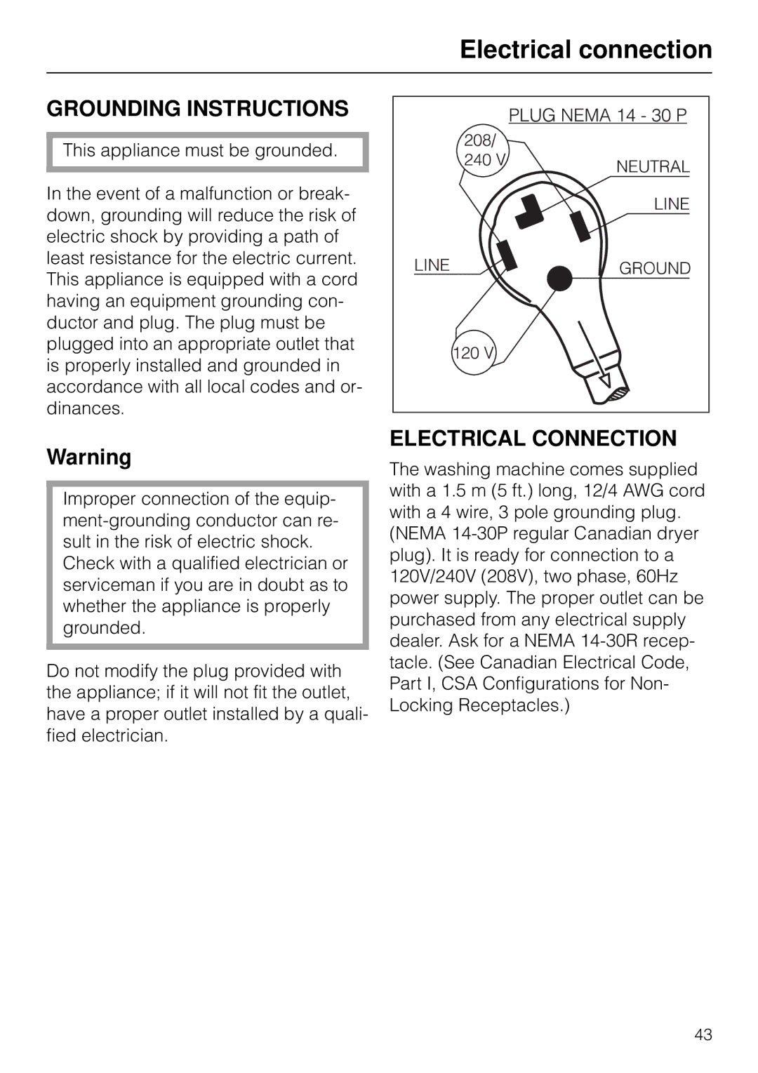 Miele W 1918 operating instructions Electrical connection, Grounding Instructions, Electrical Connection 