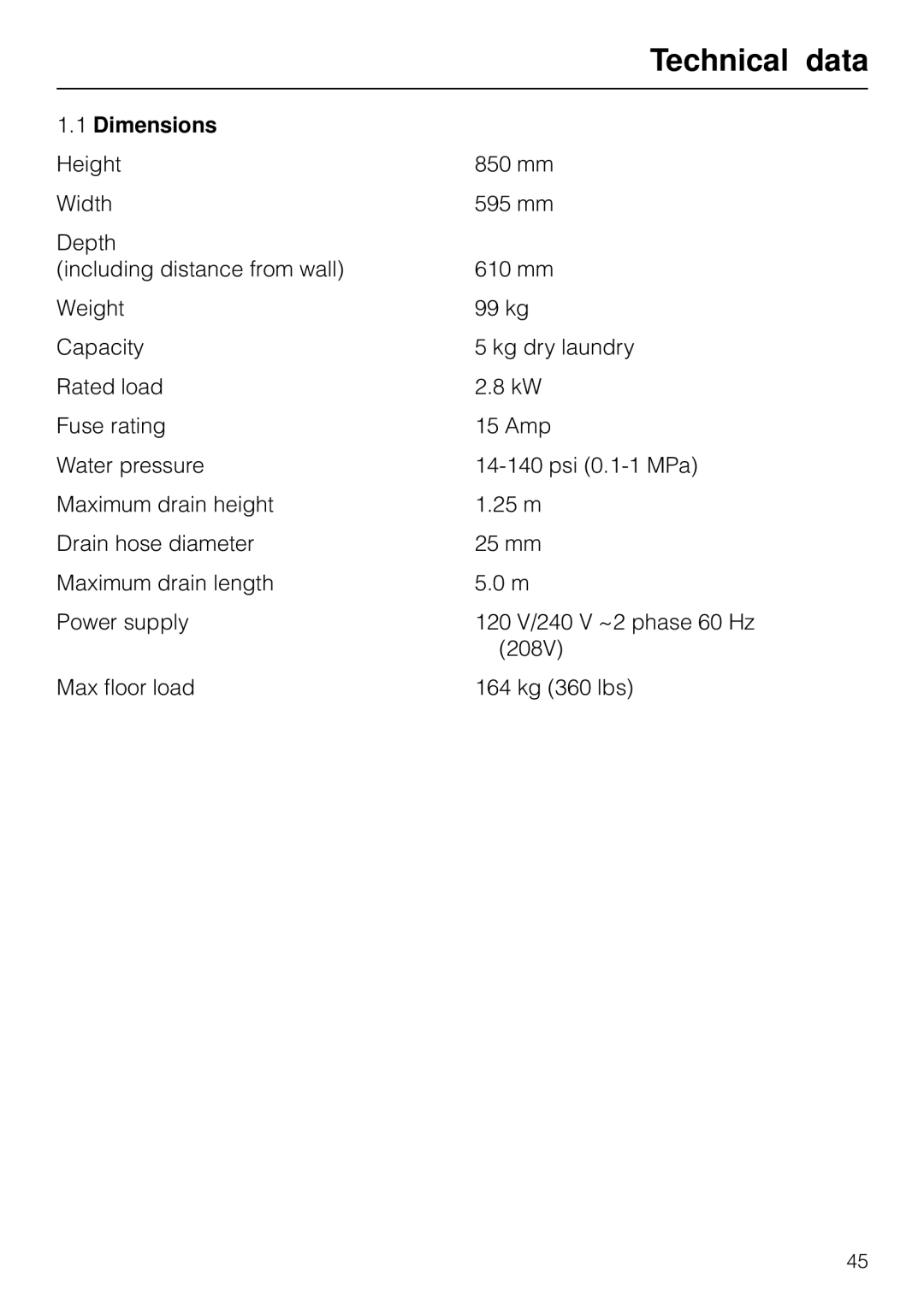 Miele W 1918 operating instructions Technical data, Dimensions 