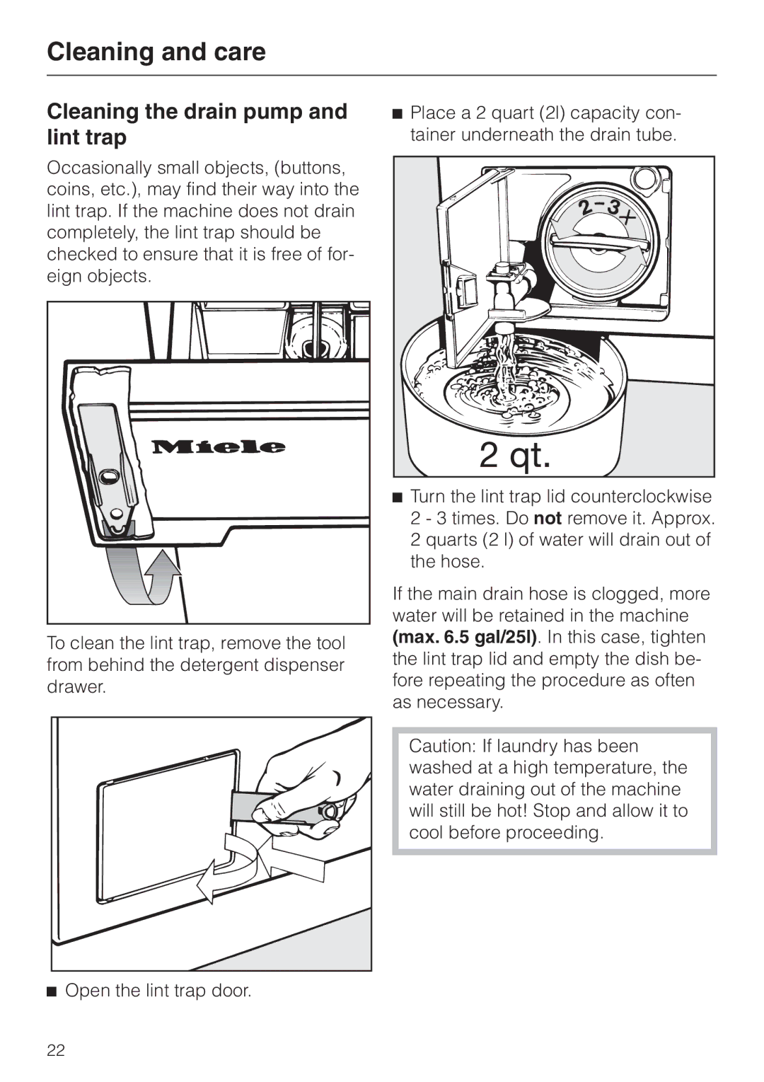 Miele W 1918 operating instructions Cleaning the drain pump and lint trap 