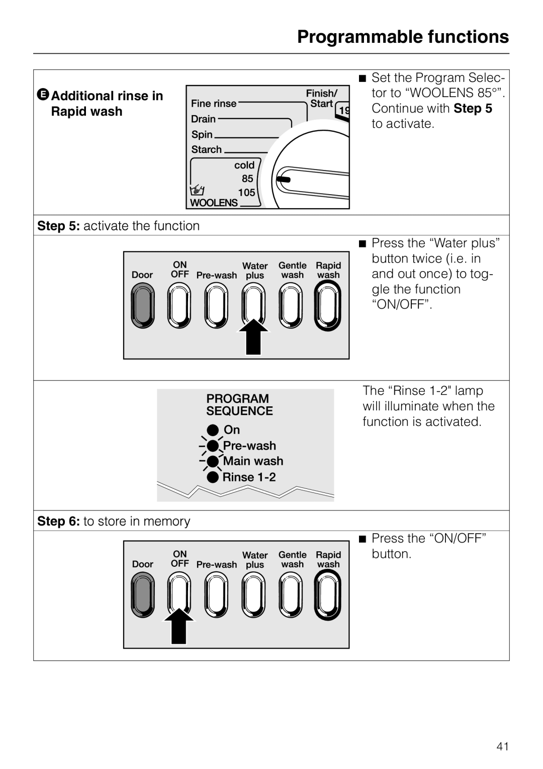 Miele W 1918 operating instructions Additional rinse in Rapid wash 